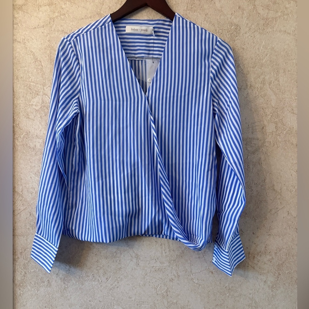 bishop + young Blue and White Striped Wrap Blouse